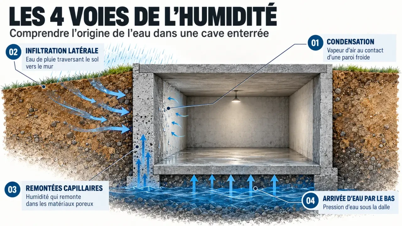 Schéma des causes de l'humidité dans la cave : condensation, infiltration et remontées capillaires