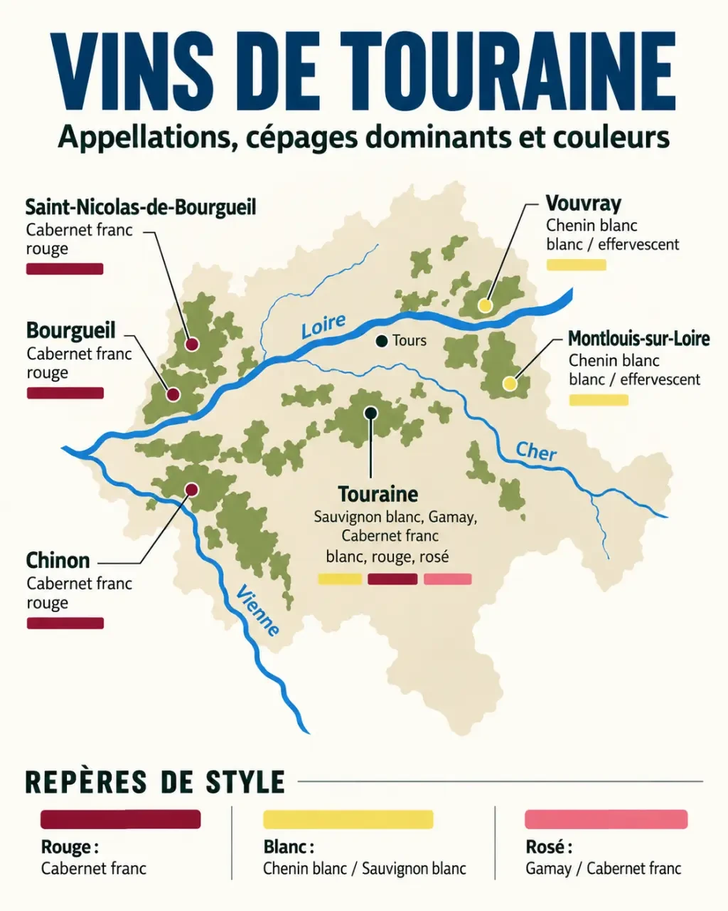 Infographie du vin de Touraine présentant les principales appellations, cépages et styles de vin