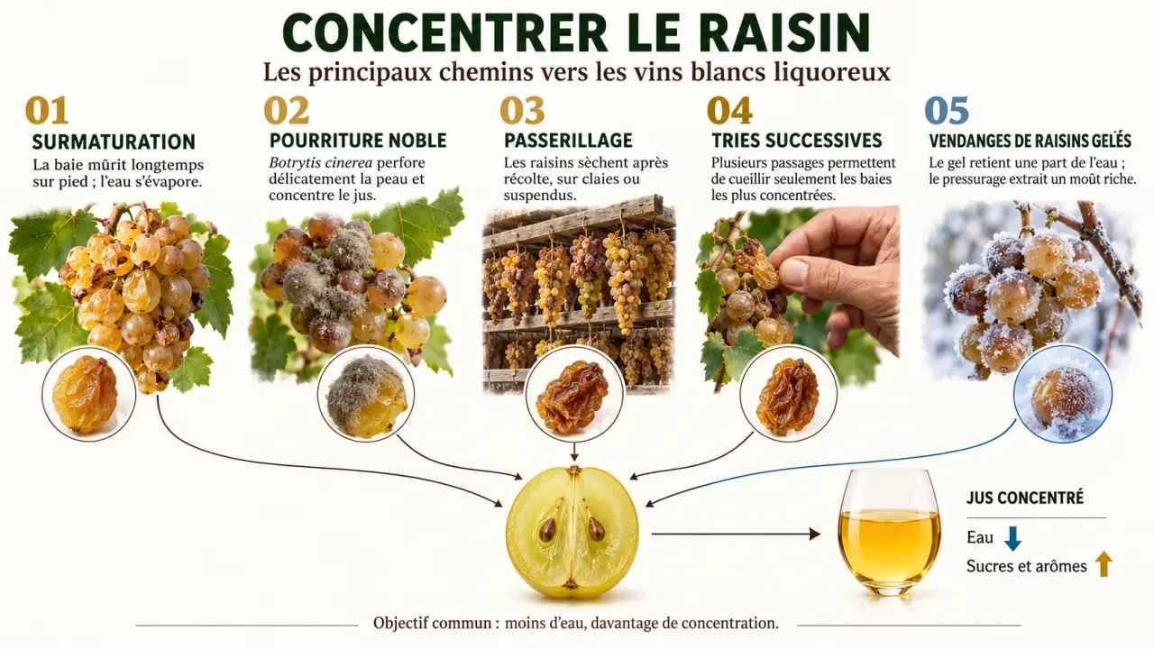 Schéma des méthodes de concentration utilisées pour produire un vin blanc liquoreux
