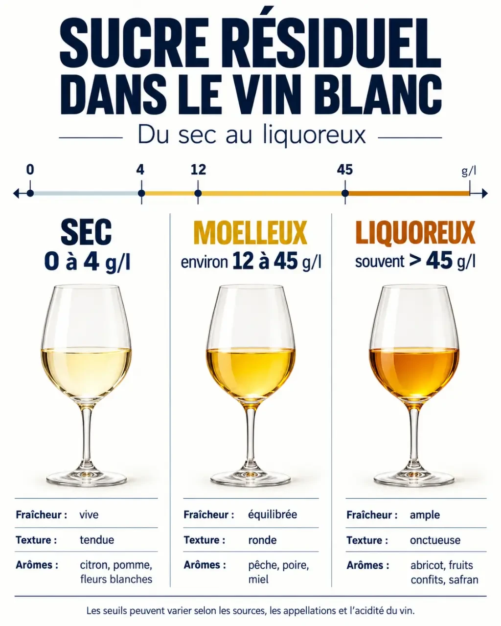 Infographie comparative sur le vin blanc liquoreux, le vin moelleux et le vin blanc sec