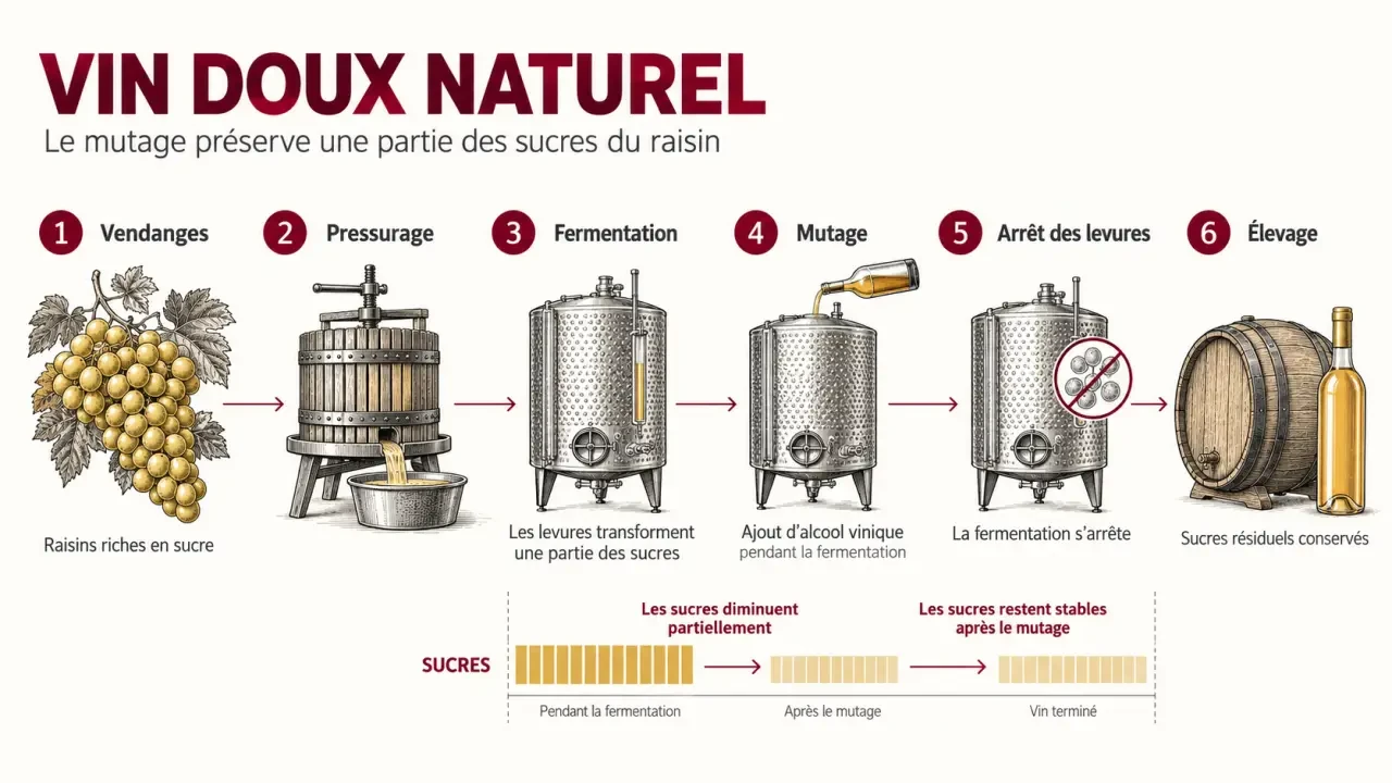 Schéma de fabrication du vin doux naturel par mutage pendant la fermentation