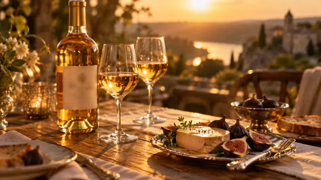 Vin blanc liquoreux : bouteille et verres dorés à la lumière chaude, accords foie gras