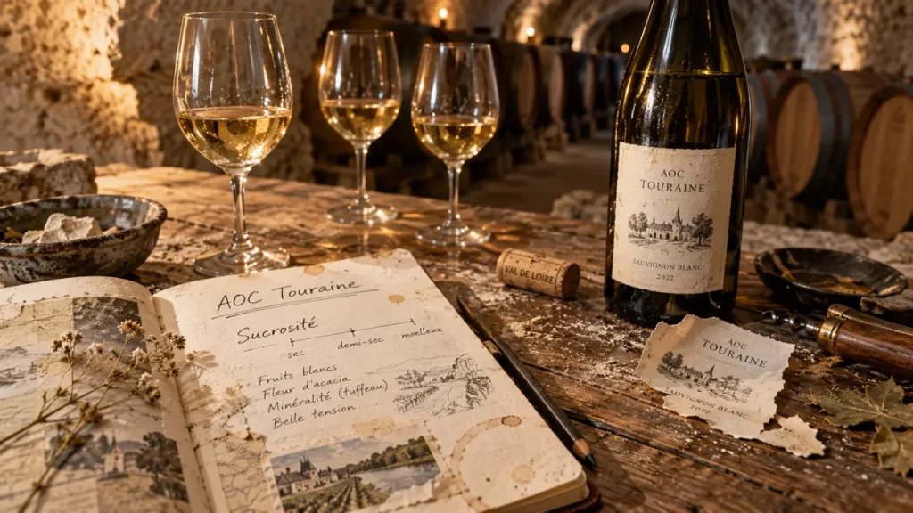 Vin de touraine en dégustation AOC, sauvignon vif ou chenin moelleux, cave de tuffeau