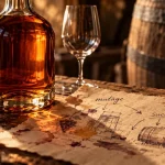 Vin doux naturel, bouteille et verres, reflets ambrés sur papier kraft, mutage et sucre